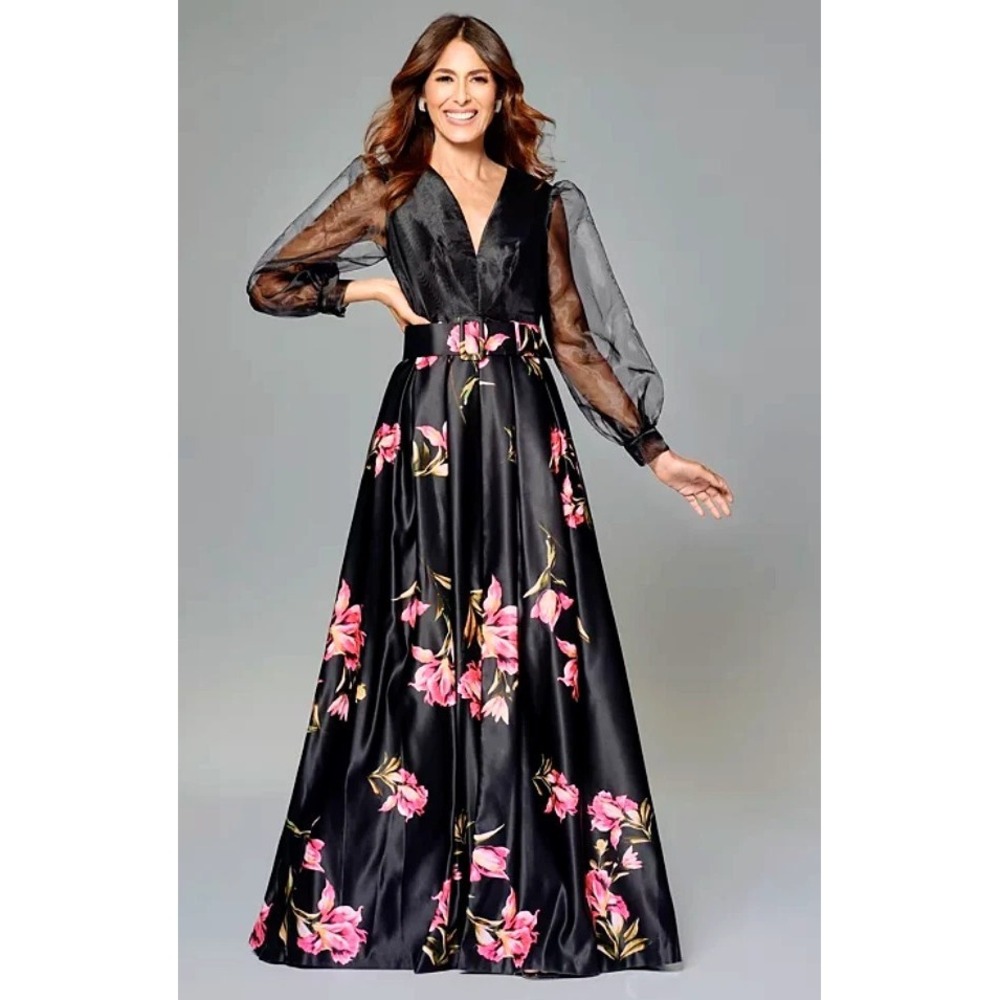 Betsy & Adam 6 Organza-Sleeve Floral on Black Belted Satin Gown Plunging V-Neck